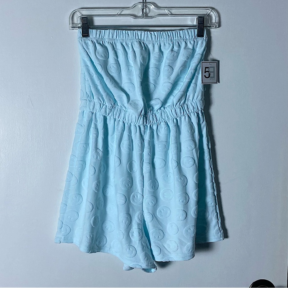5B Style Baby Blue Smily Face Strapless Bathing Suit Coverup Romper Size Medium